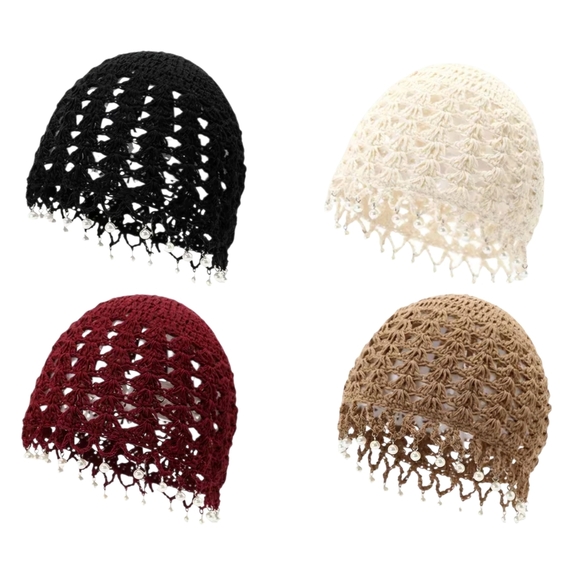 Crochet Beanie Faux Pearl Tassels - Burgundy Tan Cream - Picture 11 of 14